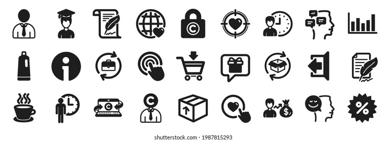Conjunto de iconos simples, como botón "Me gusta", horas de trabajo, iconos de estudiante. Gráfico de columnas, objetivo de San Valentín, signos de champú. Información, casillero de derechos de autor, paquete de devolución. Lista de deseos, descuento, paquete. Vector