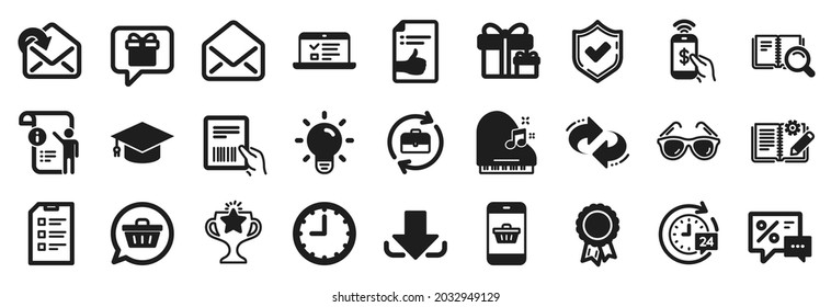 Set of simple icons, such as Parcel invoice, Wish list, Manual doc icons. Light bulb, Time, Victory signs. Checklist, Approved document, Receive mail. Surprise package, Discounts, Mail. Vector