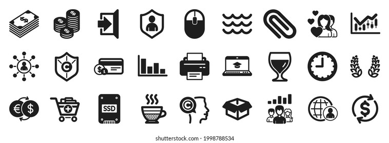 Set of simple icons, such as Payment method, Opened box, Teamwork results icons. Wine glass, Copyright protection, Histogram signs. International recruitment, Couple, Website education. Vector