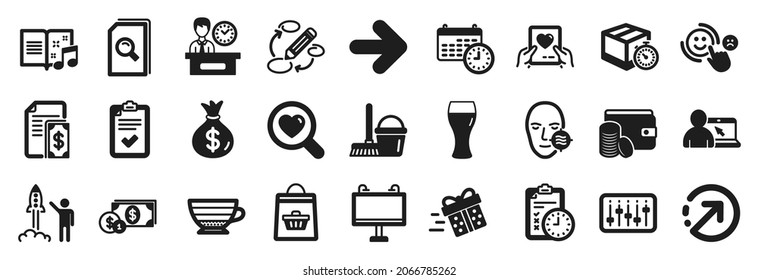 Set of simple icons, such as Presentation time, Problem skin, Checklist icons. Delivery timer, Launch project, Beer glass signs. Music book, Exam time, Dollar money. Payment, Calendar. Vector