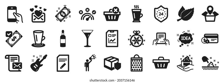 Set of simple icons, such as Receive file, Edit document, Package location icons. Idea, Delete purchase, Skin moisture signs. Report document, Shopping bag, Mint leaves. Teacup, 24 hours. Vector