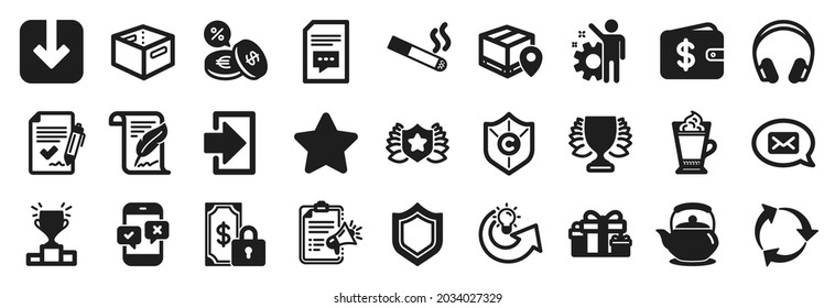 Set of simple icons, such as Recycle, Comments, Private payment icons. Security, Share idea, Winner signs. Load document, Star, Holiday presents. Approved agreement, Phone survey, Feather. Vector