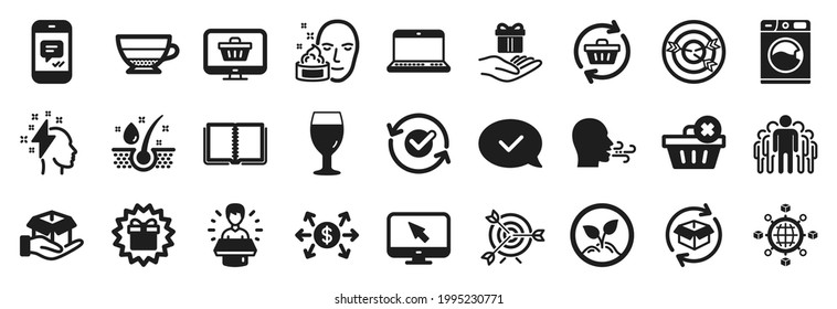 Set of simple icons, such as Return parcel, Approved message, Refresh cart icons. Hold box, Internet, Target signs. Approved, Breathing exercise, Serum oil. Brand ambassador, Brainstorming. Vector