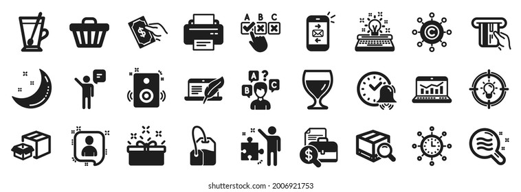 Set of simple icons, such as Strategy, Pay money, Idea icons. Speakers, Mail, Wine glass signs. Present box, Moon stars, Printer. Web analytics, Tea bag, Tea mug. Copyright laptop, Agent. Vector