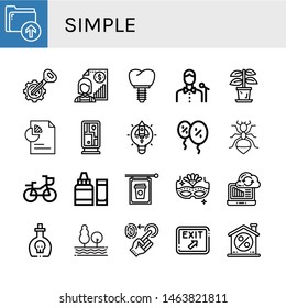 Set of simple icons such as Upload, Key, Individual, Crown, Singer, Plant, Document, Guidepost, Lightbulb, Balloons, Ant, Bike, Ph meter, Signboard, Carnival mask, Syncronization , simple