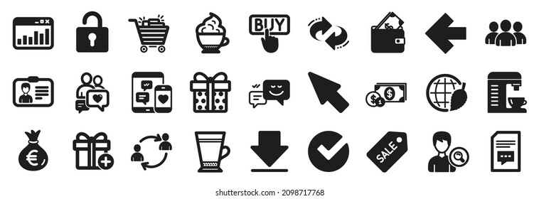 Set of simple icons, such as User communication, Coffee machine, Refresh icons. Sale ticket, Group, Left arrow signs. Downloading, Verify, Dollar money. Identification card, Mouse cursor. Vector