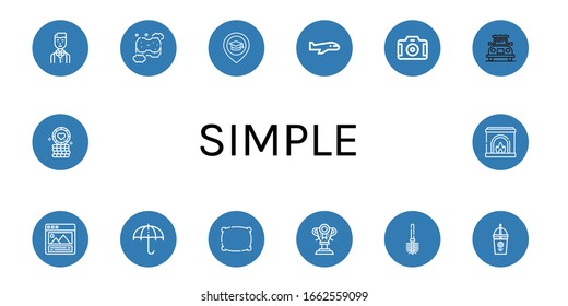 Set von einfachen Symbolen. Zum Beispiel Waiter, Schwamm, Platz, Flugzeug, Kamera, Auto, Portfolio, Sonnenschirm, Kissen, Trophäe, Toilettenbürste, Smoothie, Poker-Chip, Feuerplatz , einfache Symbole