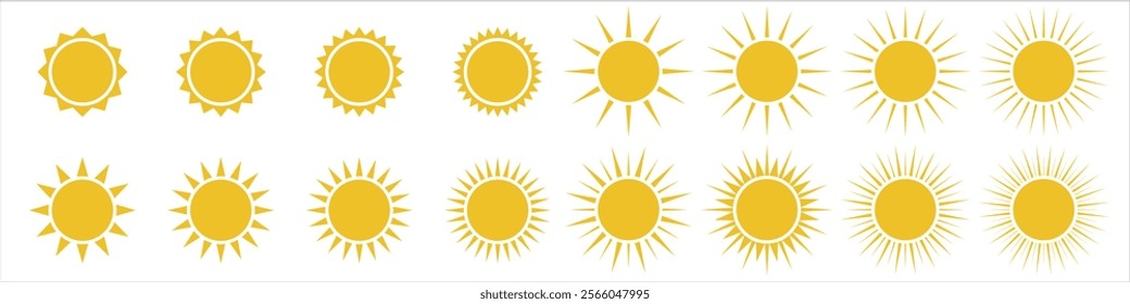 Set of simple icons of sun with a circular core and elongated spikes radiating outward. It is suitable for various design projects, showcasing warmth and brightness.