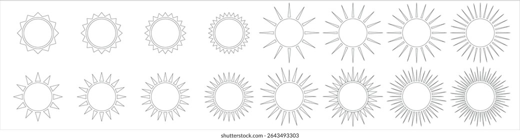 Conjunto de ícones simples do sol com um núcleo circular e espinhos alongados irradiando para fora. É adequado para vários projetos de design, mostrando calor e brilho.