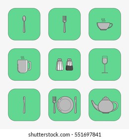 Set of simple icons for table spoon, knife, fork, plate, cup, mug, teapot, salt cellar, pepper pot, wine glass in squares on green background.
