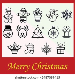 Set of simple icons theme Christmas line art style. modern minimalist style elements, illustrations . Santa Claus, Christmas decorations, Christmas tree, Gift boxes Christmas card. Vector illustration