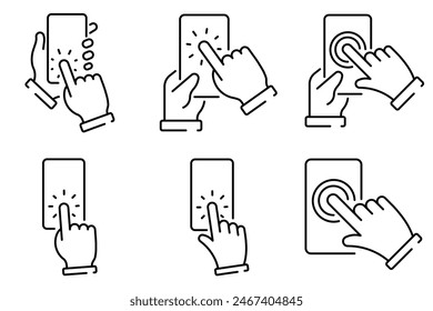 A set of simple icons touch the smartphone screen. Vector illustration with editable stroke.