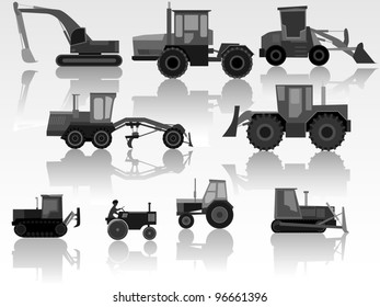 Set of simple icons of tractors, bulldozers, excavators and grader in black-white tone.