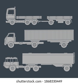 Set of simple icons of trucks with trailers. Vector illustration