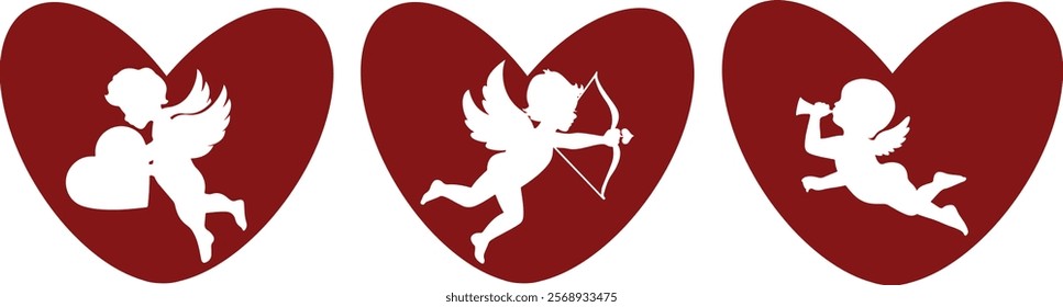 set of simple icons for valentine's day of red hearts with shadow of angels in different poses and with different objects for different posters or banners