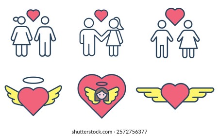 Set of simple icons for Valentine's Day, Hearts with wings and a couple in love. Boy and girl with a heart. Vector illustration.