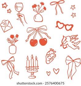 A set of simple icons for Valentine's Day. Doodle icons Cupid, hearts, wine, bows, cherry.