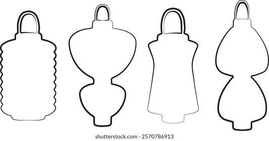 set of simple icons of various Chinese paper lanterns of different sizes for Chinese New Year drawn in different outline, for various designs