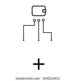 A set of simple icons with a wallet with a payments scheme and the plus sign