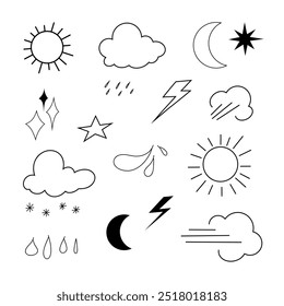 A set of simple icons for weather and natural phenomena. Vector black and white line illustration, doodle. Elements of climate and season. Isolated painted clouds, sun, rain, snow, lightning, moon