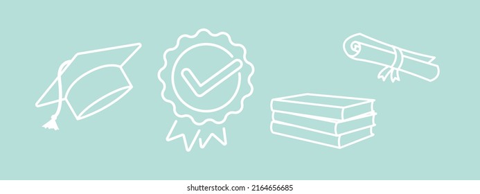set of simple icons, white outline, hat, scroll, books, medal, graduation symbols, end of school day, graduation ceremony drawing clip-art, doodle vector elements