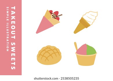 A set of simple illustration icons of takeout sweets.
In this page, We offer the clip art of crepe, soft ice cream, melon bread, and gelato.