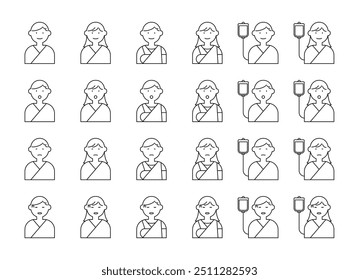 A set of simple illustration icons of various facial expressions of patients.