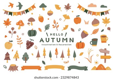 A set of simple illustrations of autumn items.
There are illustrations of food such as pumpkins and grapes, plants such as maple leaves and trees, and decorative ribbon frames.