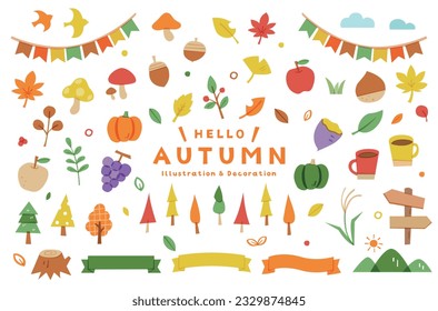 A set of simple illustrations of autumn items.
There are illustrations of food such as pumpkins and grapes, plants such as maple leaves and trees, and decorative ribbon frames.