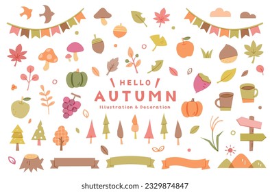 Eine Reihe einfacher Illustrationen von Herbststücken.
Es gibt Illustrationen von Speisen wie Kürbisse und Trauben, Pflanzen wie Ahornblätter und Bäume und dekorative Bandrahmen.