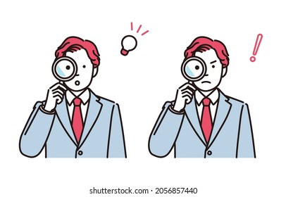 A set of simple illustrations of a businessman looking through a magnifying glass.It is vector data which is easy to edit.