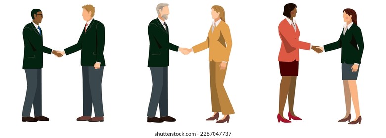 set of simple illustrations of businessmen shaking hands. Diverse races, men and women