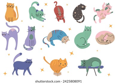 A set of simple illustrations of colored cats of different shapes and with different emotions in a minimalistic style. Kittens sitting, standing, lying, sleeping, angry, having fun, smiling