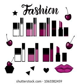 Set of simple illustrations of cometics bottle. Lipsticks for different colors and shapes. Vector illustration isolated on white background. Fashion lettering.