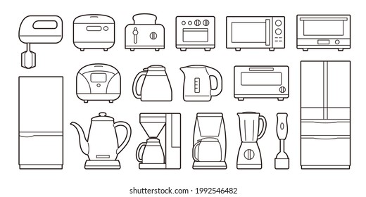 A set of simple illustrations of kitchen appliances