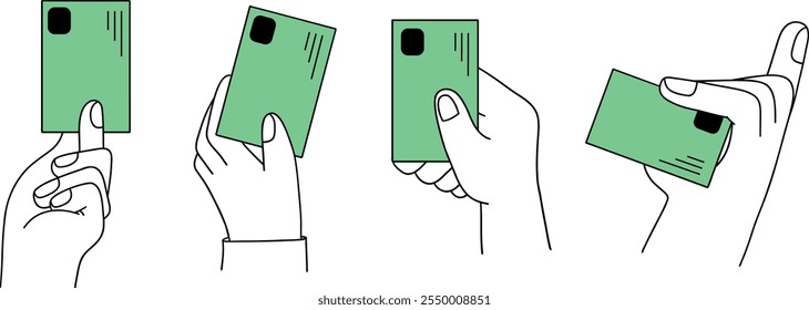 set of simple illustrations in line art or doodle style of hands holding credit cards