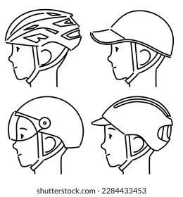 A set of simple illustrations (line drawings) of profile faces of people wearing various bicycle helmets.Easy-to-edit vector material.