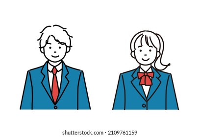 A set of simple illustrations of male and female students facing forward.The vector data is easy to edit.