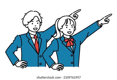 A set of simple illustrations of male and female students pointing towards a goal.Vector data for easy editing.
