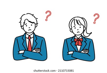 A Set Of Simple Illustrations Of Male And Female Students With Their Arms Folded In Thought.Vector Data For Easy Editing.