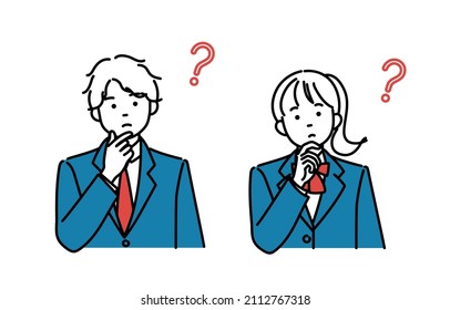 A set of simple illustrations of male and female students with their hands on their chins, thinking.The vector data is easy to edit.