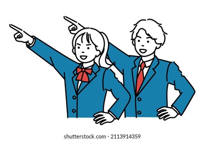 A set of simple illustrations of male and female students pointing towards a goal.Vector data for easy editing.