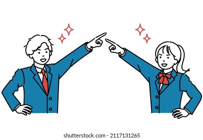 A set of simple illustrations of male and female students pointing towards a goal.Vector data for easy editing.