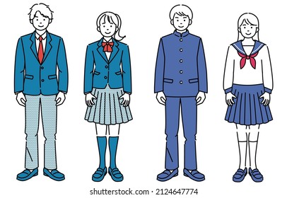 A set of simple illustrations of male and female students standing facing the front.The vector data is easy to edit.