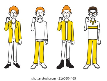 Set of simple illustrations of men with various hairstyles and clothing posing with clenched fists