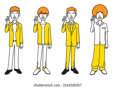 Conjunto de simples ilustraciones de hombres con varios peinados y trajes que hacen el signo de la V