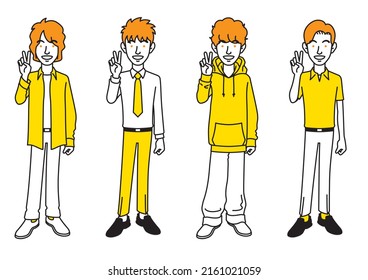 Conjunto de simples ilustraciones de hombres con varios peinados y trajes que hacen el signo de la V