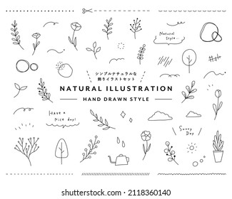 A set of simple illustrations of natural plants and flowers.
The Japanese word means the same as the English title.
There are also lines and speech bubbles. The illustrations are botanical and flat.