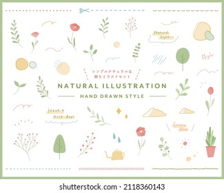 A set of simple illustrations of natural plants and flowers.
The Japanese word means the same as the English title.
There are also lines and speech bubbles. The illustrations are botanical and flat.