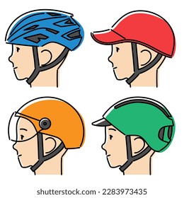 A set of simple illustrations of profile faces of people wearing various bicycle helmets.Easy-to-edit vector material.